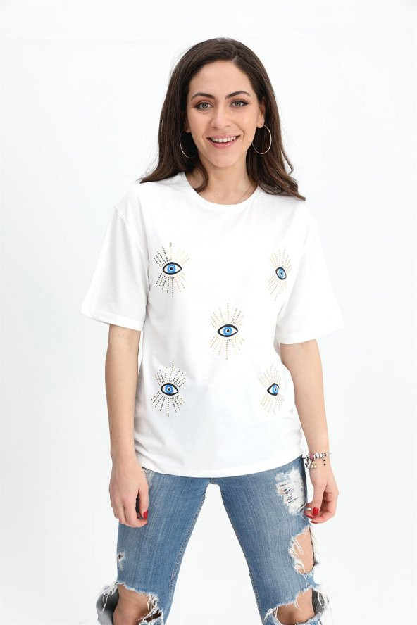 T-shirt Bisiklet Yaka Göz Baskılı