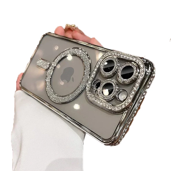 Apple iPhone 15 Pro Max için Magsafe ile uyumlu Kılıf Simli Kamera Kenar Taşlı Kapak - 8