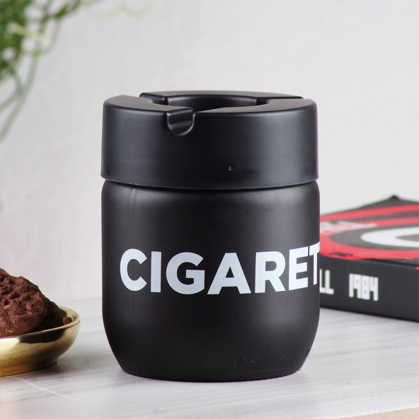 Porsima C-00513 Kokusuz Cam Hazneli Yanmaz Plastik Kapaklı Ev Araç İçi Küllük Kül Tablası - Siyah