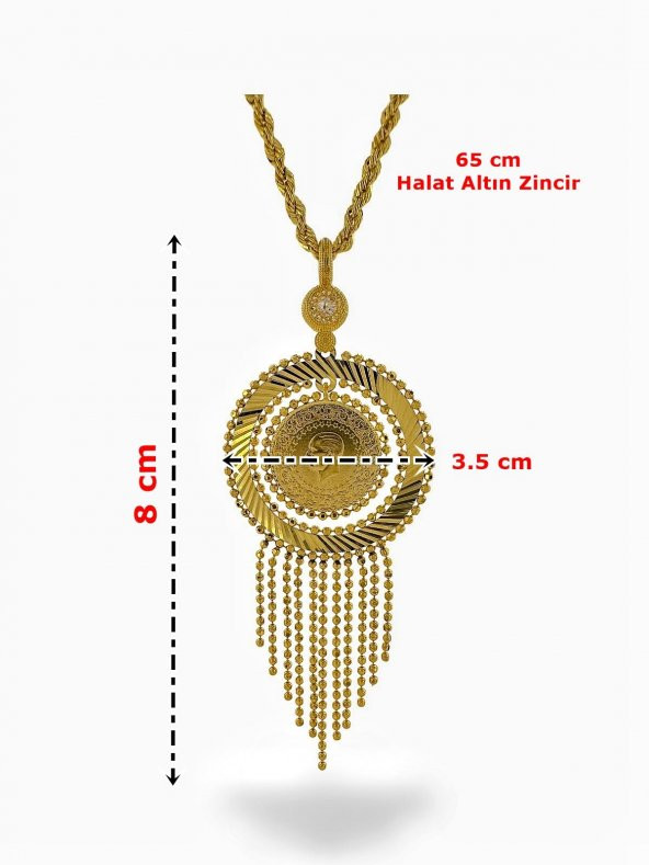 Çeyrek Altın Saçaklı 65 cm Uzun Halat Zincir 14 Ayar Altın Kolye - 4