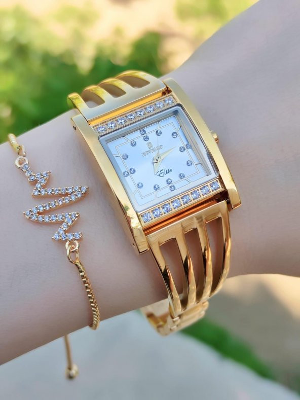 Revello Altın Kaplama Kaburga Modeli Swarovski Taşlı 30 mt Su Geçirmez+Bileklik RVL1992-A - 3