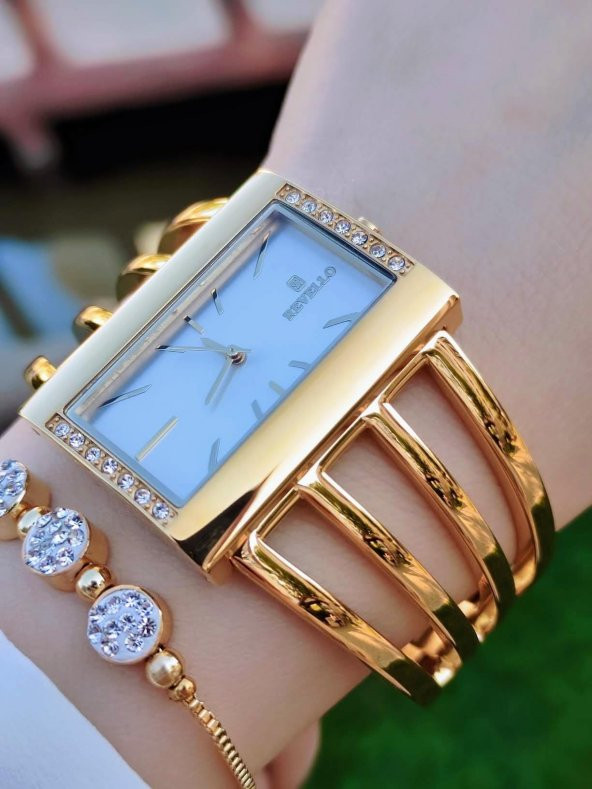 Revello Çelik Swarovski Taşlı Özel Altın Kaplama Elite Modeli 30 Mt Su Geçirmez+Bileklik Lady Wristwatch RES.170091-A - 2