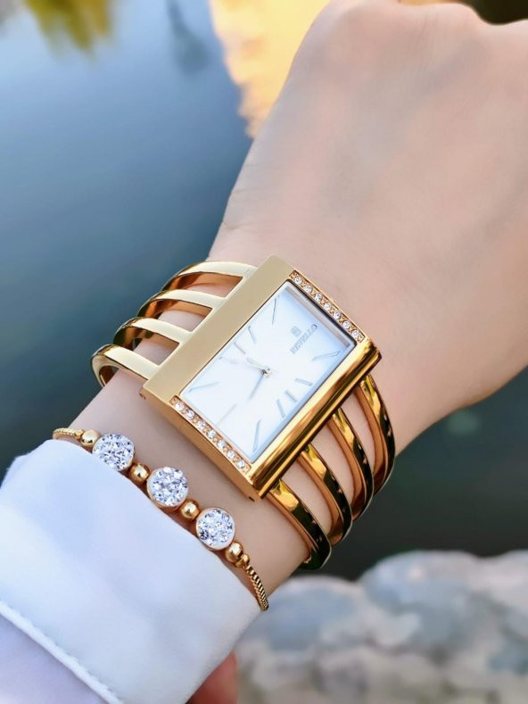 Revello Çelik Swarovski Taşlı Özel Altın Kaplama Elite Modeli 30 Mt Su Geçirmez+Bileklik Lady Wristwatch RES.170091-A - 3