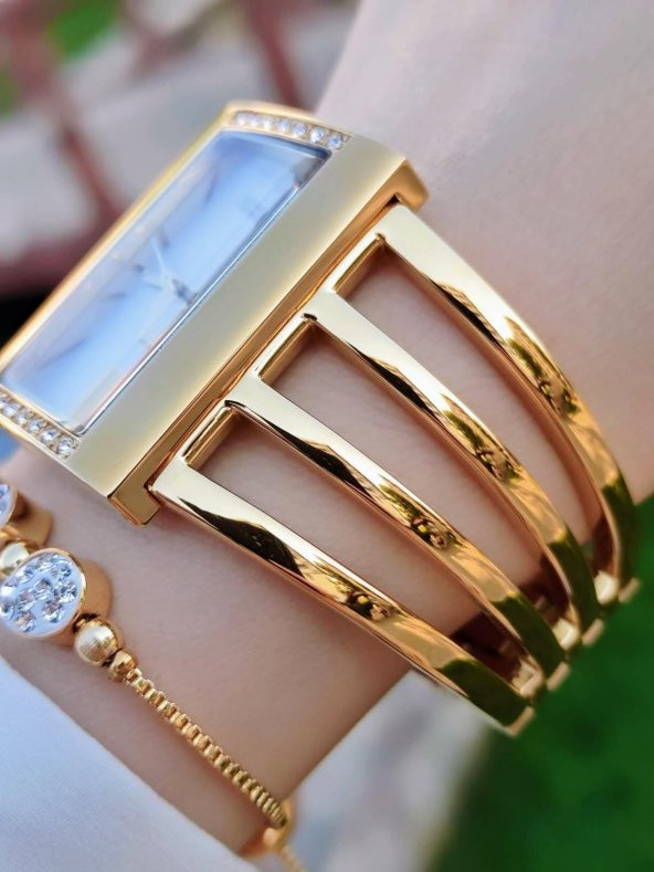 Revello Çelik Swarovski Taşlı Özel Altın Kaplama Elite Modeli 30 Mt Su Geçirmez+Bileklik Lady Wristwatch RES.170091-A - 4