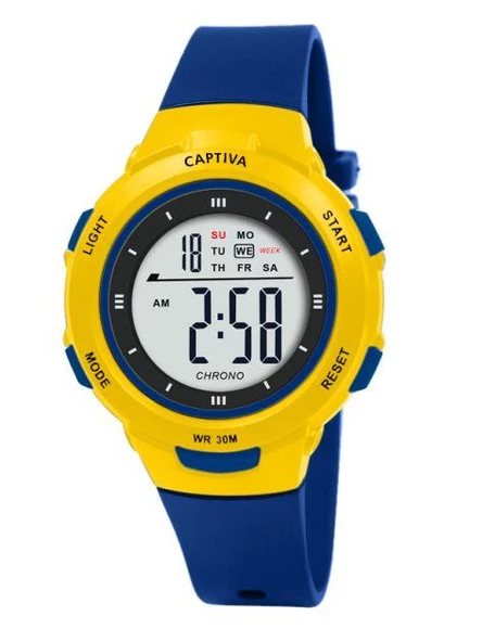1907FB-Sarı-Lacivert Digital 3 Atm Suya Dayanıklı Takvim-Kronometre Alarm Silikon Kordonlu Kol Saat