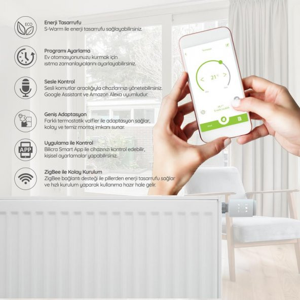 Bilicra Akıllı Isıtma Seti - 3 x S-Warm Akıllı Termostatik Radyatör Vanası ve 1 x Link Zigbee Gateway - 2