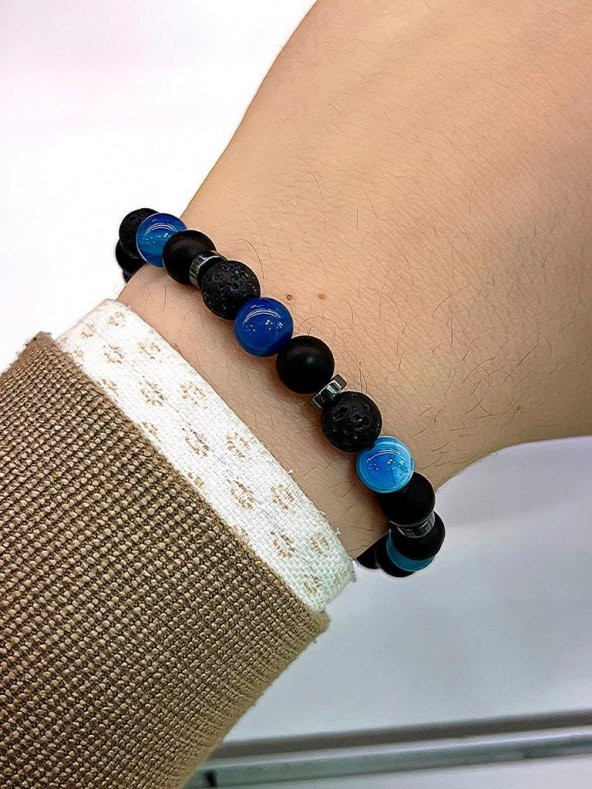 3.Lü Doğal Taş Unisex Tılsım Bilekliği Azurit,Hematit, Kristal Kuvars Taşı Doğaltaş Bileklik - 2