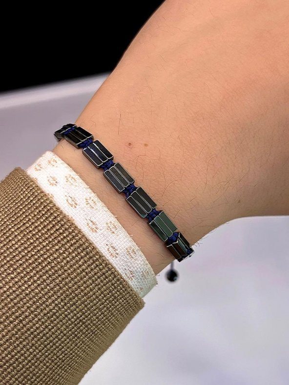 NS.EKB.35 Lacivert Düz Hematit Taş İpli Makrome Örgülü Kombin Taş Bileklik