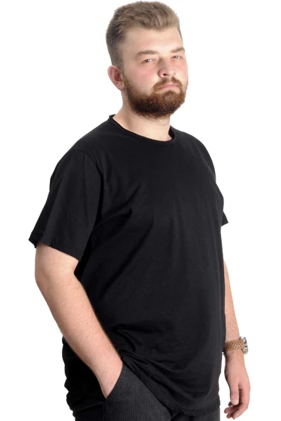 Mode XL Büyük Beden Erkek T-Shirt Flam Yaka Basic 20035 Siyah - 3