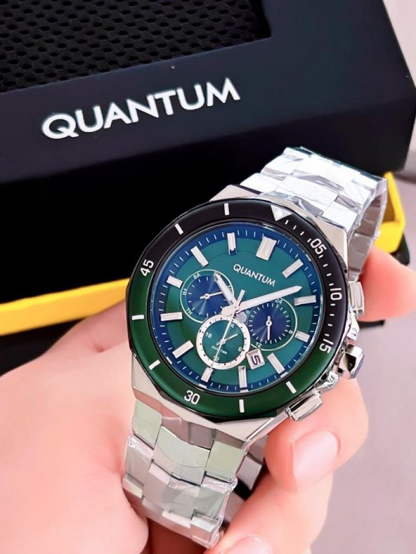 BLKT.2.628 Quantum 10 Atm Su Geçirmezlik Çelik Kordon Yeşil Kadran Kol Saati+Doğal Taş Bileklik - 2