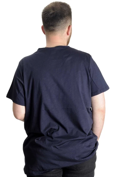 Mode XL Büyük Beden Erkek T-Shirt Flam Yaka Basic 20035 Lacivert - Resim 4