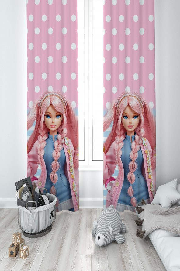 Kız Bebek ve Çocuk Odası için Barbie Desenli Organik Boyalı Solma Yapmayan İki Kanat Fon Perde  100 x 250 Renkli