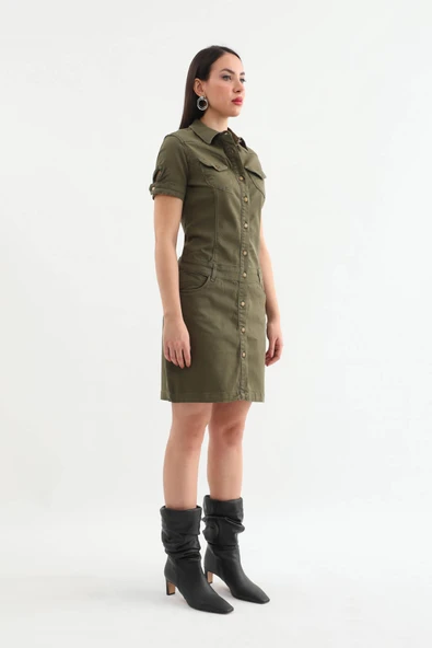 Kadın Haki Düğmeli Jean Elbise - 7