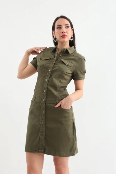 Kadın Haki Düğmeli Jean Elbise - 3