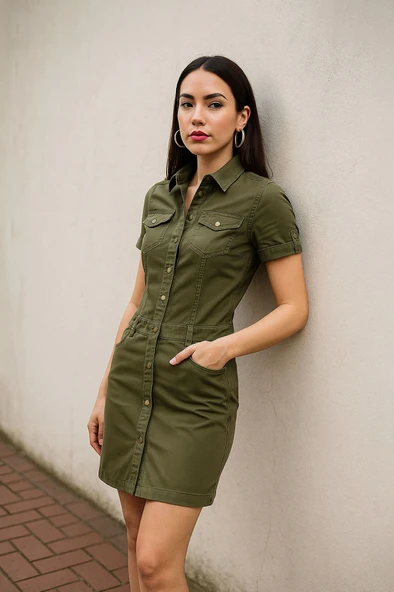 Kadın Haki Düğmeli Jean Elbise