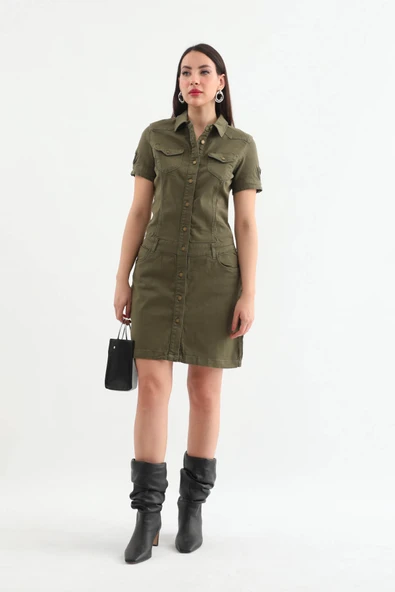 Kadın Haki Düğmeli Jean Elbise - 2