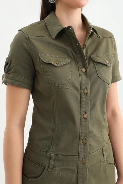 Kadın Haki Düğmeli Jean Elbise - 9