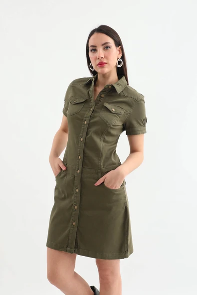 Kadın Haki Düğmeli Jean Elbise - 6