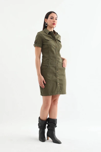 Kadın Haki Düğmeli Jean Elbise - 4