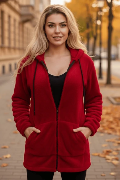 Kadın Kırmızı Peluş Kalın Fermuarlı Kapüşonlu Cepli Ceket 23KCKTMY50 - 3