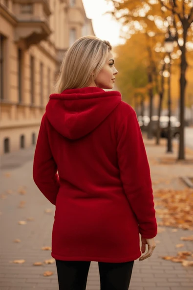 Kadın Kırmızı Peluş Kalın Fermuarlı Kapüşonlu Cepli Ceket 23KCKTMY50 - 4