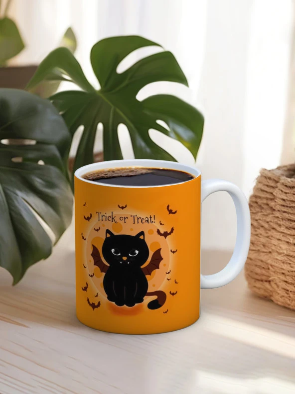 Baskılı Kupa Bardak Seramik Mug - Halloween Kedi