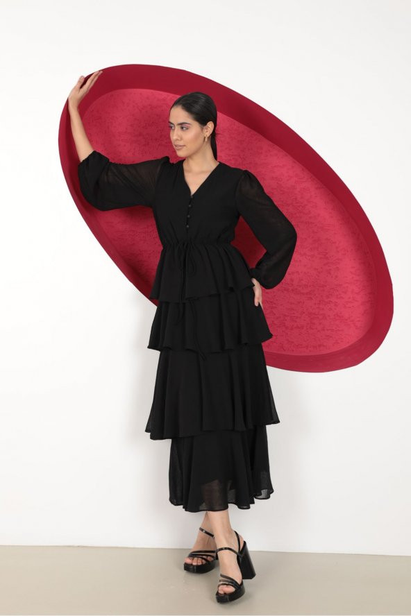 Şifon Kumaşlı Desensiz ve Uzun Kollu O Yakalı Aerobin KatKat Kadın Elbise - 4