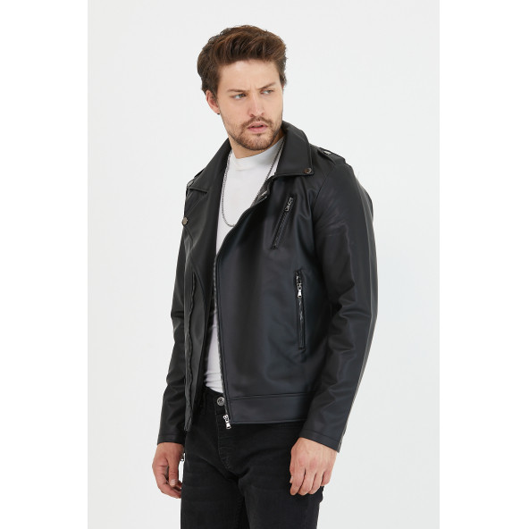 Mero Life Erkek Siyah Çapraz Fermuarlı Deri Ceket