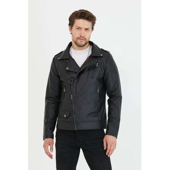 Mero Life Erkek Siyah Çapraz Fermuarlı Deri Ceket - 3