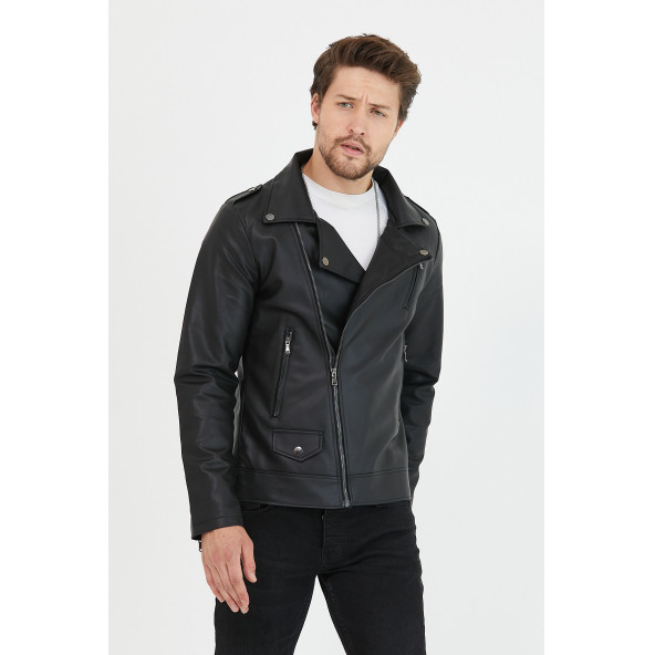 Mero Life Erkek Siyah Çapraz Fermuarlı Deri Ceket - 4