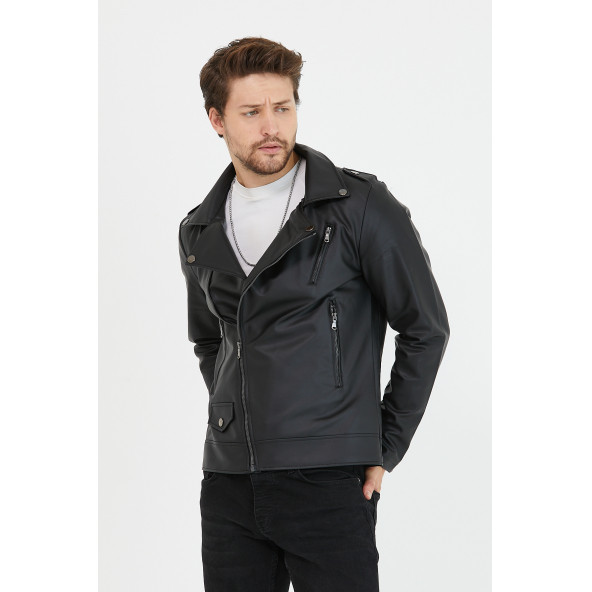 Mero Life Erkek Siyah Çapraz Fermuarlı Deri Ceket - 5