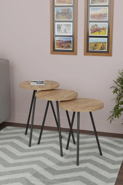 3lü Zigon Sehpa Seti Metal Ayaklı Yan Sehpa Atlantik Çam - 2