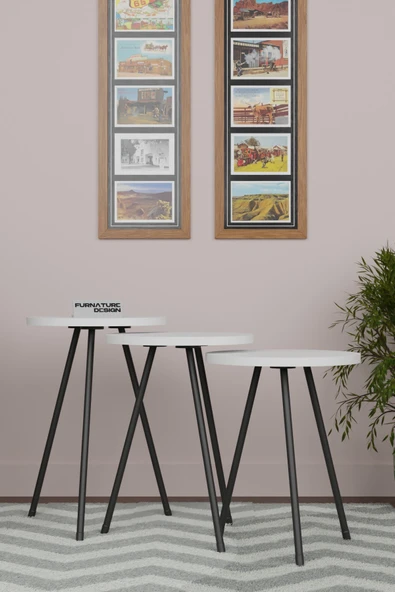 3lü Zigon Sehpa Seti Metal Ayaklı Yan Sehpa Beyaz - 3