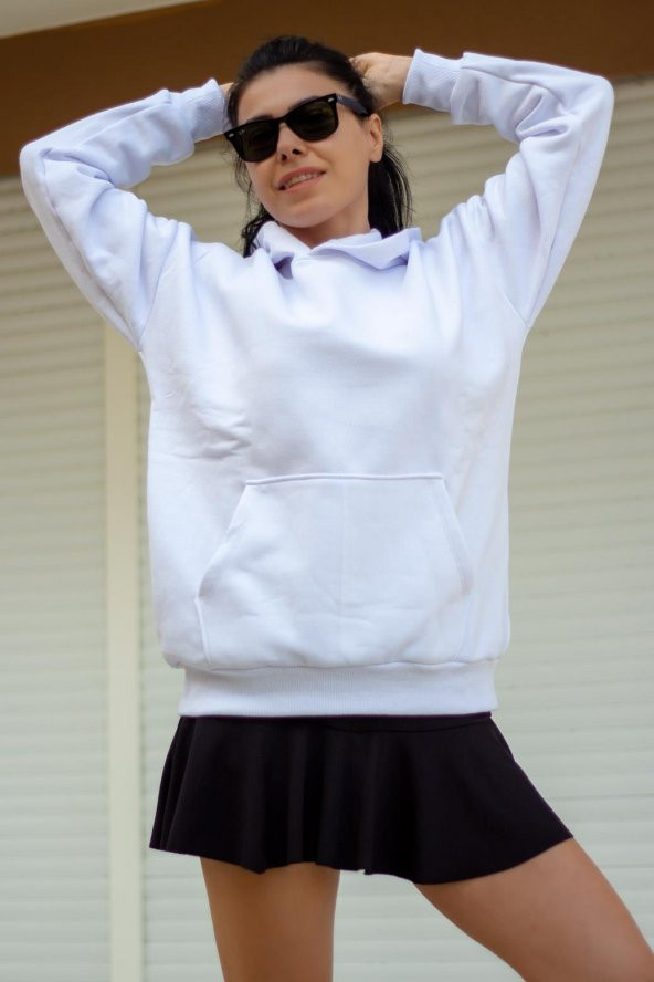 Kadın Beyaz Basic 3 Üç İplik Ekstra Kalın Kapüşonlu Kanguru Cep Uzun Kollu Sweatshirt 23KSWTUCPL - 3