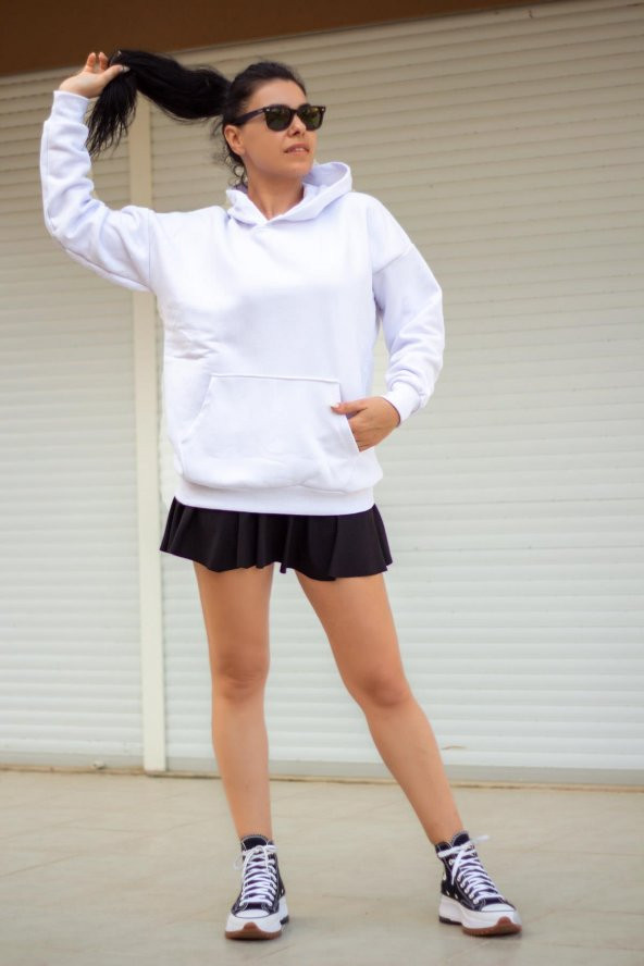Kadın Beyaz Basic 3 Üç İplik Ekstra Kalın Kapüşonlu Kanguru Cep Uzun Kollu Sweatshirt 23KSWTUCPL - 4