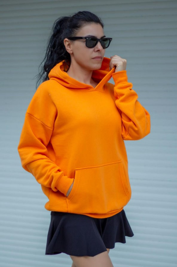 Kadın Turuncu Basic 3 Üç İplik Ekstra Kalın Kapüşonlu Kanguru Cep Uzun Kollu Sweatshirt 23KSWTUCPL - 3