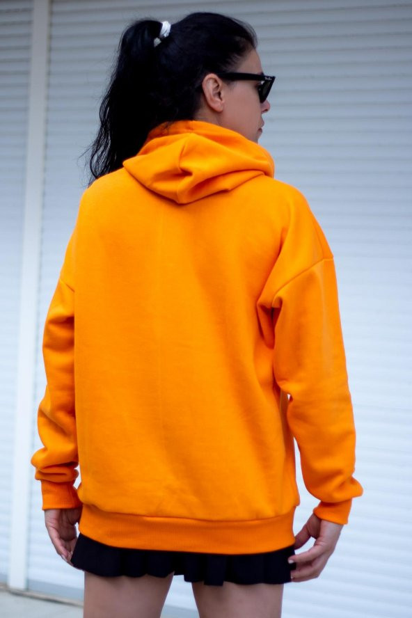Kadın Turuncu Basic 3 Üç İplik Ekstra Kalın Kapüşonlu Kanguru Cep Uzun Kollu Sweatshirt 23KSWTUCPL - 7