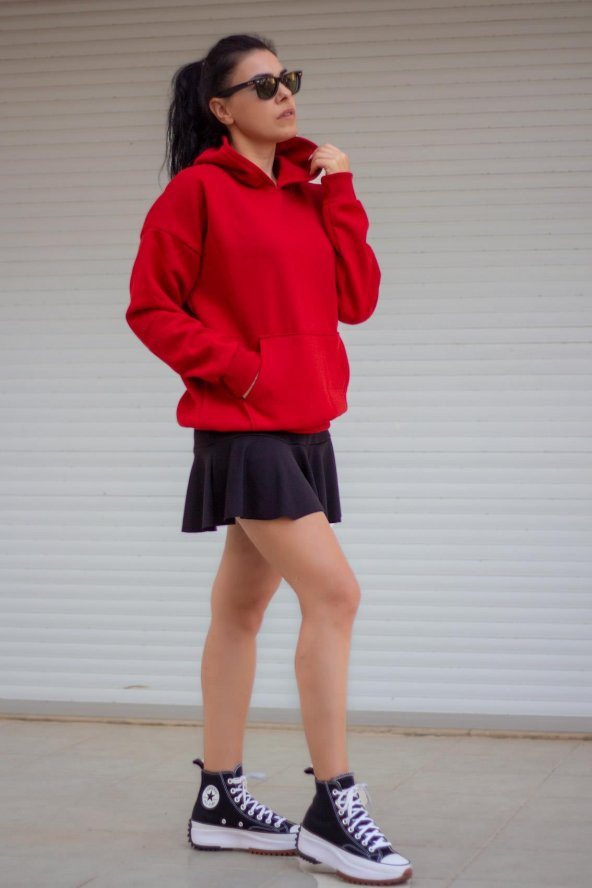 Kadın Kırmızı Basic 3 Üç İplik Ekstra Kalın Kapüşonlu Kanguru Cep Uzun Kollu Sweatshirt 23KSWTUCPL