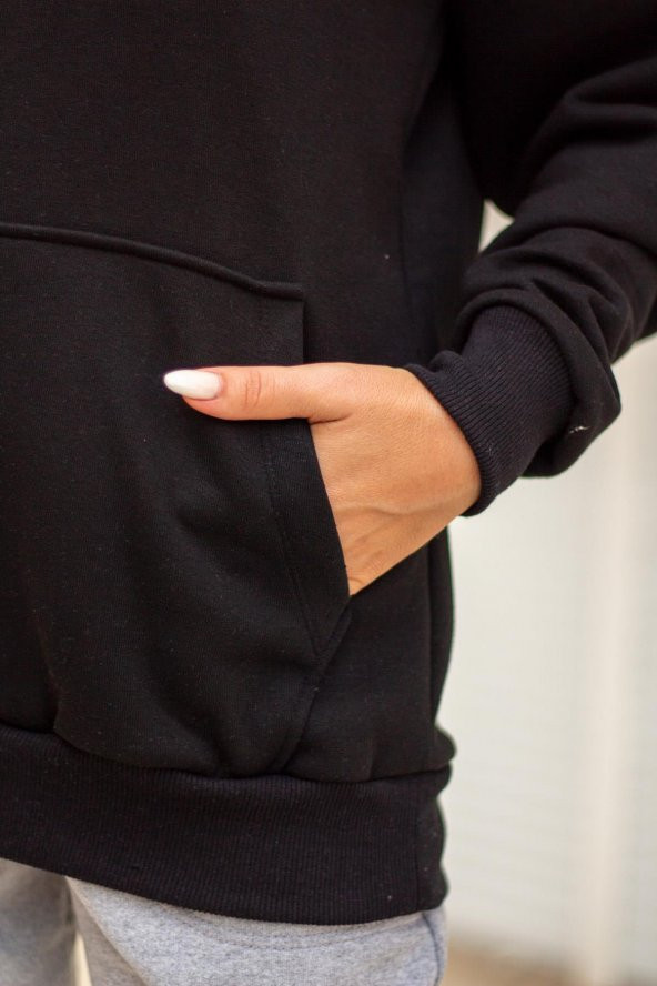 Kadın Siyah Basic 3 Üç İplik Ekstra Kalın Kapüşonlu Kanguru Cep Uzun Kollu Sweatshirt 23KSWTUCPL - 5