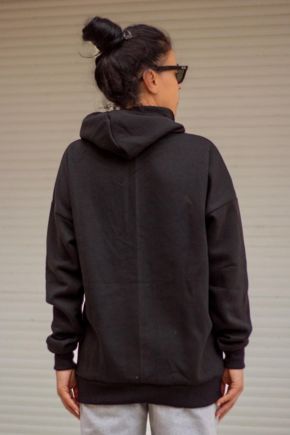Kadın Siyah Basic 3 Üç İplik Ekstra Kalın Kapüşonlu Kanguru Cep Uzun Kollu Sweatshirt 23KSWTUCPL - 6