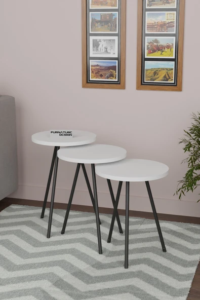 3lü Zigon Sehpa Seti Metal Ayaklı Yan Sehpa Beyaz - 2