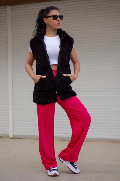 Kadın Siyah Peluş Welsoft Kalın Fermuarlı Hakim Yaka Yelek 23KYLKMY10 - 5