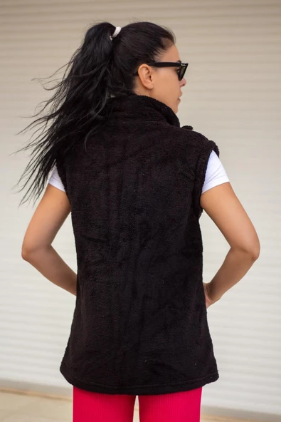 Kadın Siyah Peluş Welsoft Kalın Fermuarlı Hakim Yaka Yelek 23KYLKMY10 - 6