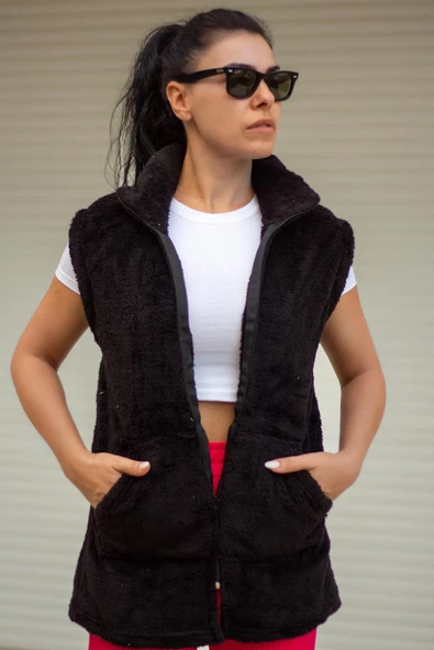 Kadın Siyah Peluş Welsoft Kalın Fermuarlı Hakim Yaka Yelek 23KYLKMY10 - 3