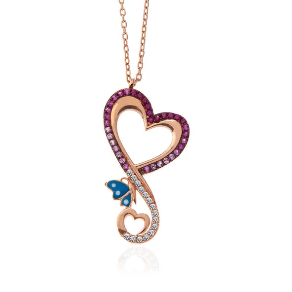 Gümüş Rose Kalpli Kelebek Kadın Kolye  SL5312 ürün görseli