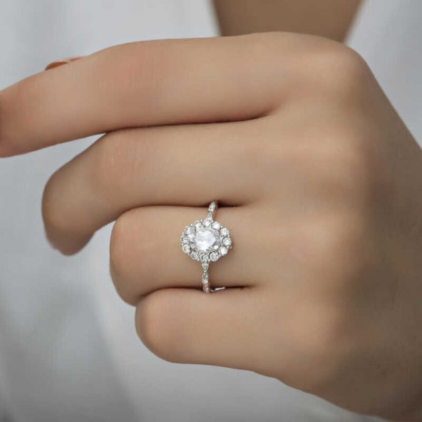 Gümüş Beyaz Oval Taşlı Kadın Yüzük  SL5469 - Resim 3