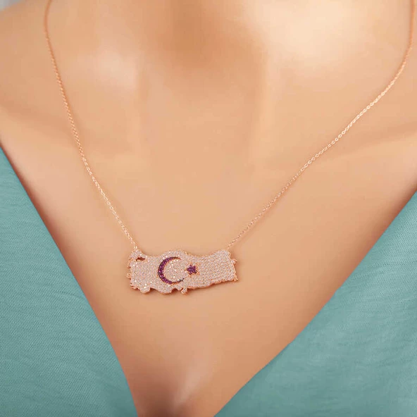 Gümüş Rose Ay Yıldız Türkiye Haritası Kadın Kolye SL5305 - Resim 2