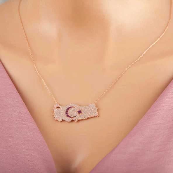 Gümüş Rose Ay Yıldız Türkiye Haritası Kadın Kolye SL5305 ürün görseli