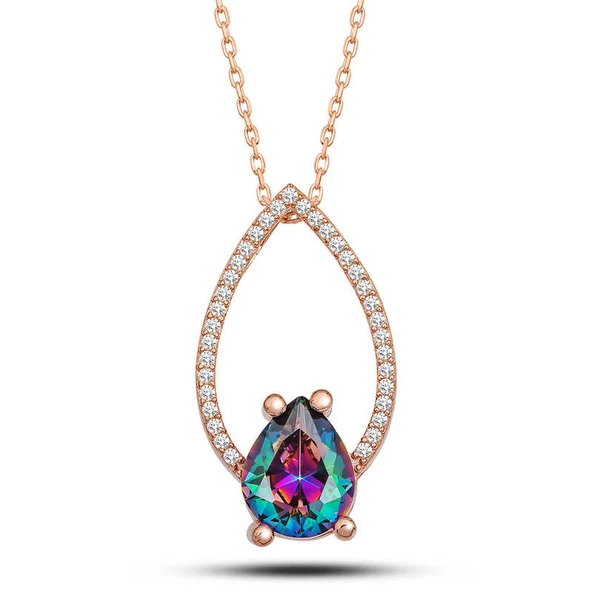 Gümüş Rose Mistik Topaz Taşlı Damla Kadın Kolye SL5274 ürün görseli
