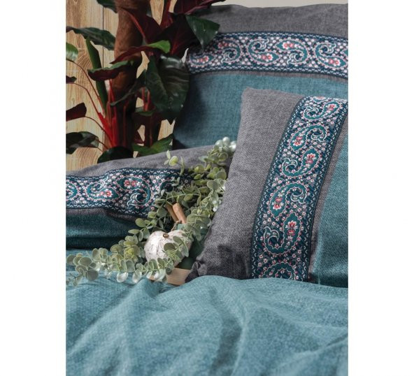 Cotton Box Folk Art Ranforce Çift Kişilik Nevresim Takımı Erna Petrol - Resim 2